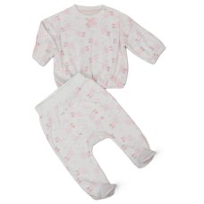 J13807: Baby Girls Stork Ribbed AOP Top & Footed Pant Outfit (0-6 Months)